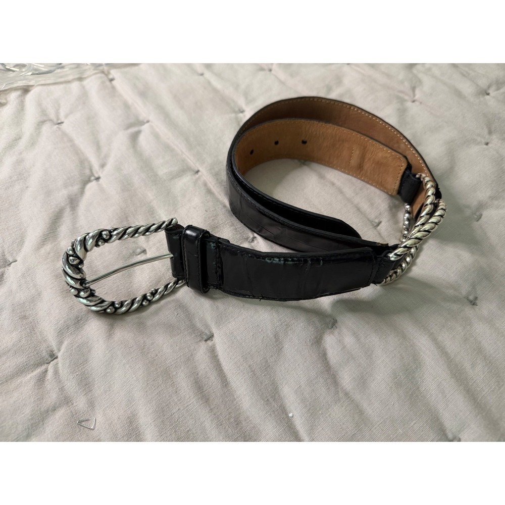 Brighton Womens M Black Croc Embossed Leather Belt Silver Rope Buckle WESTERN